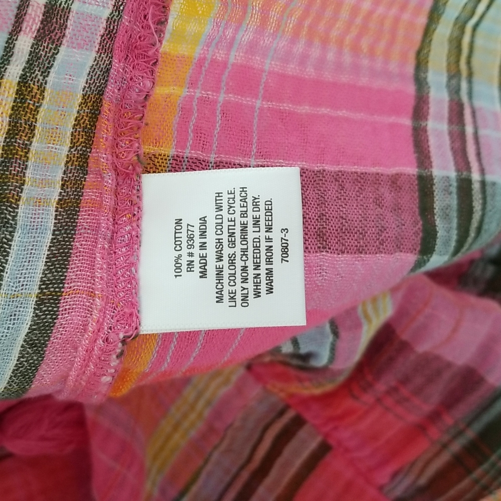 Pink Plaid Madras Open Shoulder Short Sleeved Bohemian Top with Tassel Ties - Picture 6 of 9
